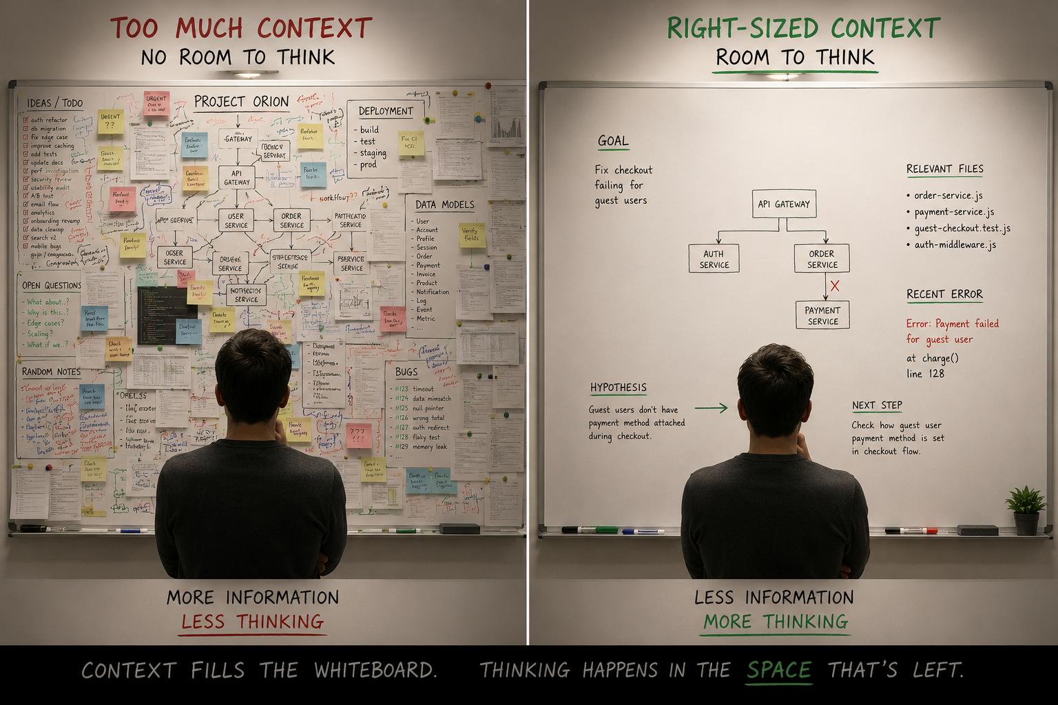 Two whiteboards — one cluttered with no room to write, one clean with space to reason.