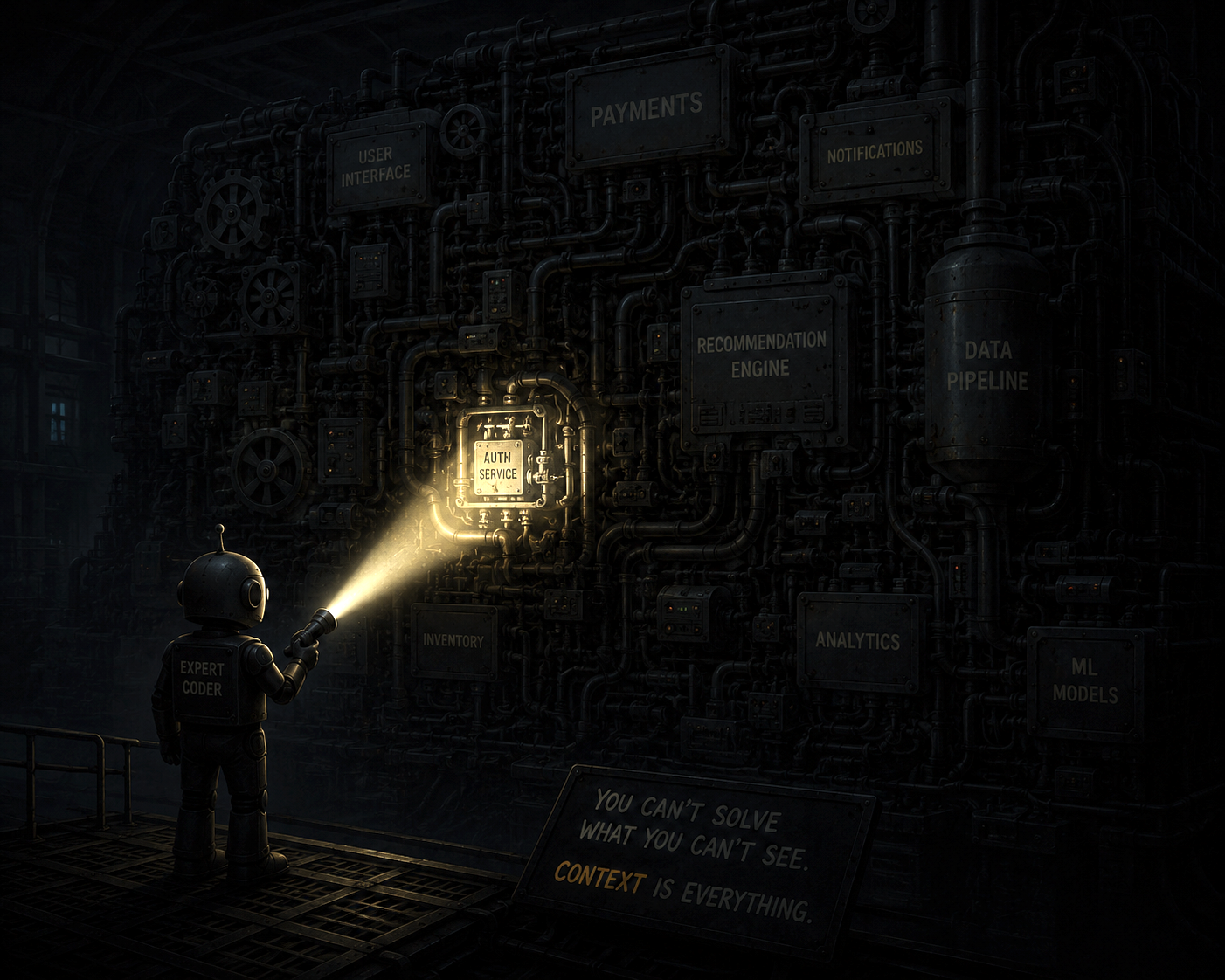 An expert-coder robot shines a flashlight on one lit module in a wall of dark systems — context is everything.